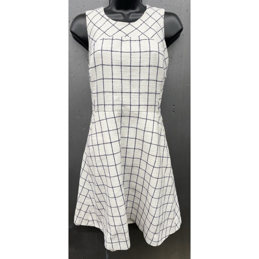 J Crew Dress 2 White Blue Windowpane Tweed A Line Skater Coastal Preppy Classic